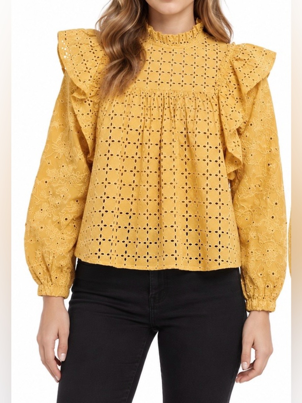 NWT - Scotch & Soda Schiffli Embroidered Eyelet Ruffle Top Mustard XS